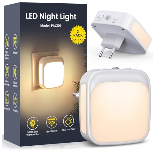 [2 Pezzi] Luce Notturna Bambini, Luce Notturna da Presa con Sensore Crepuscolare Auto, Luminosità Regolabile, Luci Notturne da Presa Bianco Caldo per Cameretta, Cucina, Corridoio, Bagno e Scale - Design e materiali
