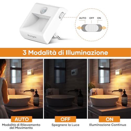 [2 Pezzi] Luce Notturna LED con Sensori di Movimento e Crepuscolare, Bianco Caldo, Luminosità Regolabile, Modalità AUTO/ON/OFF, Luci Notturne Bambini da Presa per Corridoio, Scale, Camera da Letto - Prova pratica