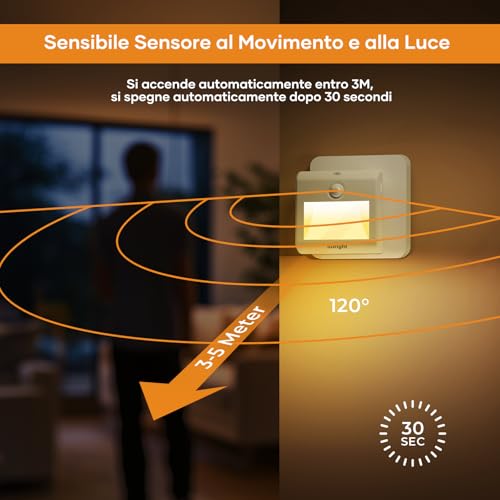 [2 Pezzi] Luce Notturna LED con Sensori di Movimento e Crepuscolare, Bianco Caldo, Luminosità Regolabile, Modalità AUTO/ON/OFF, Luci Notturne Bambini da Presa per Corridoio, Scale, Camera da Letto - Funzionalità e accessori