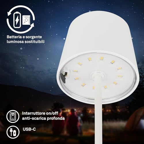 BRILONER - Lampada da tavolo a LED senza fili, lampada da comodino dimmerabile touch, lampada da scrivania, ricaricabile, a batteria, IP44, USB-C, luce bianca calda, 2,6W, 150lm, 105x260mm, bianco - Dettaglio recensione 4