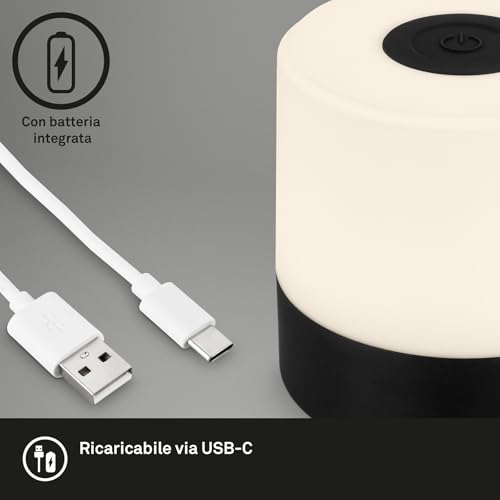 BRILONER - Mini lampada da tavolo senza fili, ricaricabile, a batteria, lampada da scrivania dimmerabile, abat jour, USB-C, lampada comodino senza fili, 2W 150lm 2.700K, 7x7 cm, Bianco Caldo, nero - Funzionalità e accessori