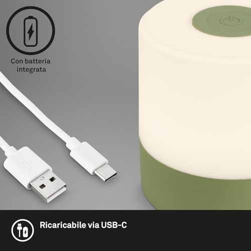 BRILONER - Mini lampada da tavolo senza fili, ricaricabile, a batteria, lampada da scrivania dimmerabile, abat jour, USB-C, lampada comodino senza fili, 2W 150lm 2.700K, 7x7 cm, Bianco Caldo, verde - Funzionalità e accessori