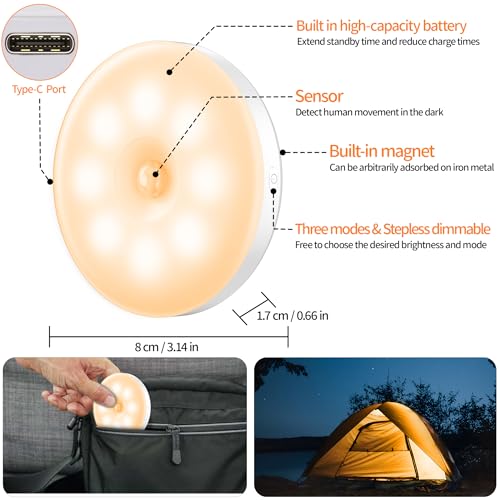 daphomeu Luce Notturna Regolabile con Sensore di Movimento Ricaricabile USB, Lampada con Sensore di Movimento per Interni, Luce Calda per Corridoio, Cucina, Scala, Camera dei Bambini, Armadio (2) - Funzionalità e accessori