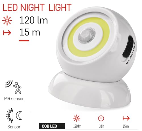 EMOS - Luce notturna a LED con sensore - LED COB in bianco freddo, alimentato a batteria (3 x AAA) - Supporto magnetico per un facile allineamento - 3 modalità: AUTO/ON/OFF - Portata di 15 m, durata - Funzionalità e accessori