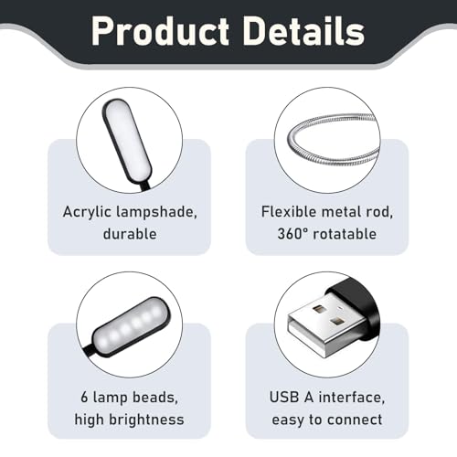 Lampada LED USB per Laptop, Mini Luce da Lettura USB, Luce Notturna Mini Flessibile per Notebook, Computer Portatile, Desktop Tastiera, Lettura, Scrittura e Lavoro Notturno, Design Compatto Portatile - Funzionalità e accessori