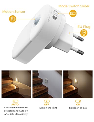 LOHAS-LED Luce notturna con sensore di movimento [2 pezzi], presa notturna, bianca calda 3000K, luminosità regolabile 30LM/60LM, luce notturna LED con sensore di movimento, per scala, camera da letto - Funzionalità e accessori