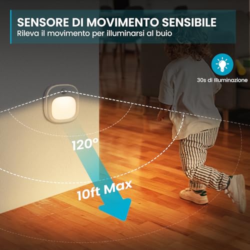 Luce Notturna [2 Pezzi] 3 Colori Con Sensore Movimento e Crepuscolare, Tipo-C Ricaricabile per Bambini, 5 Luminosità LED Con Sensore di Movimento per Corridoio, Scale, Bagno - Funzionalità e accessori