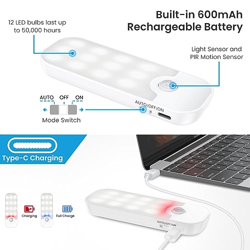 Luce Notturna, [2 Pz] 24 LEDs Luce Armadio con Sensore di Movimento, Ricaricabile USB-C Luce Notturna LED, 3 Modalità Magnetico Luci per Armadi, Scale, Cucine, Corridoio, Camere da Letto, Soggiorno - Dettaglio recensione 4