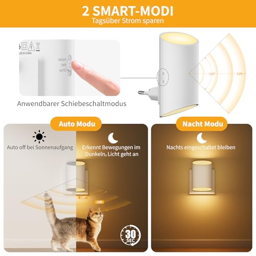 Luce Notturna per bambini con spina, 2 Pezzi Luce Notturna da Presa con sensore di movimento e sensore di luce, luce bianca calda 3000K, dimmerabile 1-100LM, adatta per cameretta, corridoio, scale - Prova pratica