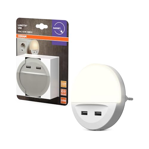OSRAM LUNETTA LED Luce notturna bianca, con uscita USB, sensore giorno-notte, supporto per cellulare integrato, sistema plug-in, bianco caldo, IP20 - Design e materiali