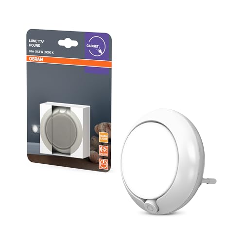 OSRAM LUNETTA Luce notturna rotonda bianca con sensore; Tecnologia LED; Flusso luminoso 3 lm; 3000 K bianco caldo; interruttore on/off; installazione della presa - Design e materiali