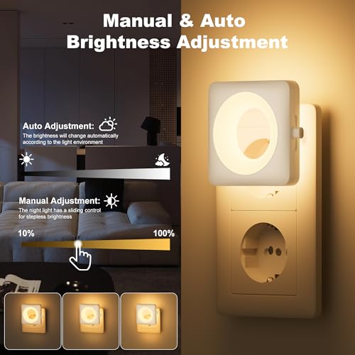 Swoieltr Luce Notturna Bambini, [2 Pezzi] Luci con Sensore Crepuscolare e Automatico Luminosità Regolabile per Camera da Letto, Corridoio, Scale, Bagno (2700K Caldo-LDR) - Funzionalità e accessori